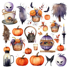 Wall Mural - Watercolor illustration of Halloween elements including carved pumpkins, bats, autumn leaves, and spooky candles. Halloween icons set. Created using generative AI tools.
