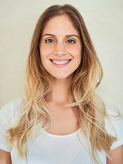 Poster - Woman, smile and portrait with student in studio with confidence isolated on white background. Pride, positive and university with face of happy person from Australia in scholarship eductaion
