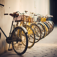 Canvas Print - Vintage bicycles lined up against a wall.