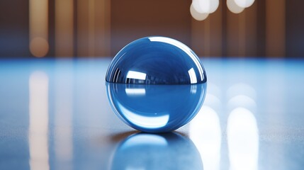 Wall Mural - A Blue Glass Sphere with Bright Reflection on a Shiny Surface