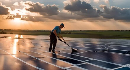 Wall Mural - Technician man cleaning solar panels.