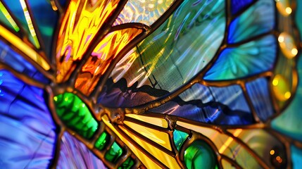 Poster - Stained glass window with butterfly motif, close-up, vibrant colors, natural light, sharp details, macro shot, delicate beauty. 