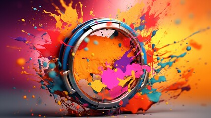 Abstract illustration of a tambourine in an explosion of colorful paint on a colorful background