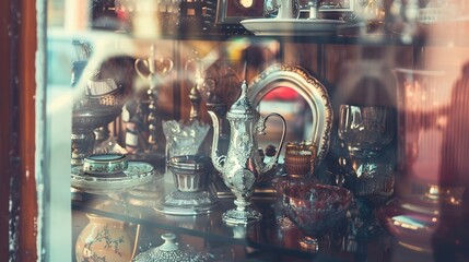 Canvas Print - Antique shop window, close-up, vintage items, soft daylight, sharp details, macro shot, nostalgic shopping. 