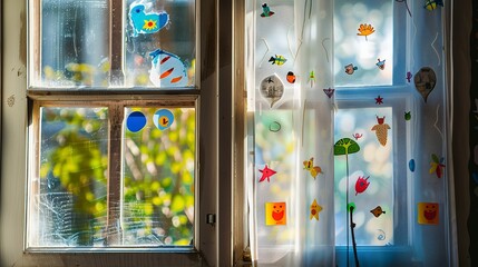 Wall Mural - Close-up of a window with colorful stickers, sunlight filtering through, detailed texture, high resolution, childlike charm.