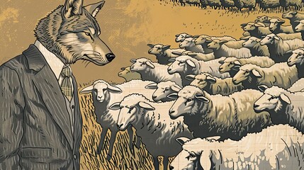 Wall Mural - A wolf in a suit speaking to a flock of sheep, with a vintage 1950s illustration style