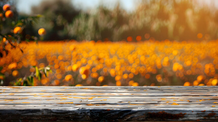 Wall Mural - Empty wooden table in front of orange field