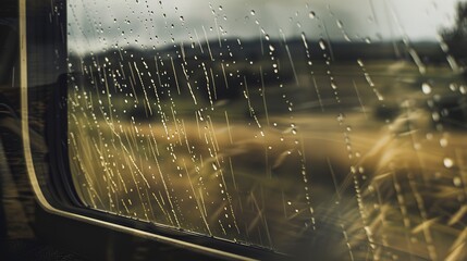 Poster - Close-up of a train window, raindrops streaking, blurred landscape outside, soft daylight, detailed texture, high resolution. 