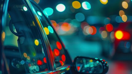 Close-up of a car window, city lights reflecting, night scene, sharp details, high resolution, urban drive. 