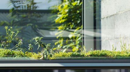 Poster - Close-up of a window with green roof reflection, vibrant plants, soft daylight, detailed texture, eco-friendly design.