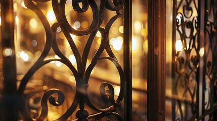 Poster - Restaurant window with decorative ironwork, close-up, warm interior lighting, detailed texture, high resolution, elegant design.