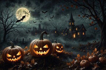 a spooky Halloween scene with glowing Jack-o -lanterns, wearing a witch hat, amidst swirling fog and autumn leaves, bats and haunted houses