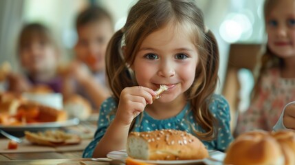 Wall Mural - Little girl eating a piece of bread while sitting at a table with other children in the background 