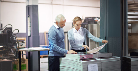 Poster - Printing, business and people with inspection of paper in factory for quality control, design and product samples. Warehouse, workshop and team for logistics, manufacturing and industrial production