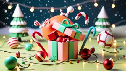 Sticker - A christmas tree with candy canes and a gift box, AI