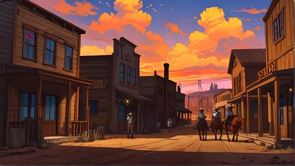 Wall Mural - Abstract painting scene of wild west town at sunset, impressionism art