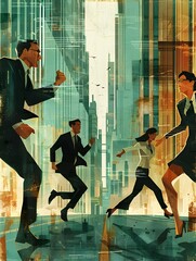 Driven Business Professionals Engaged in Fast Paced Race Through Stylized Cityscape