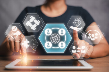 Visual depiction of social capital concept with network icons, human connections, and digital interface, emphasizing relationships, trust, and community.