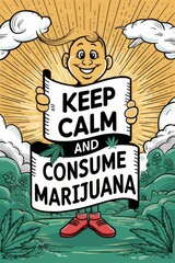 Wall Mural - A cartoon character holding a sign that says keep calm and consume marijuana, AI