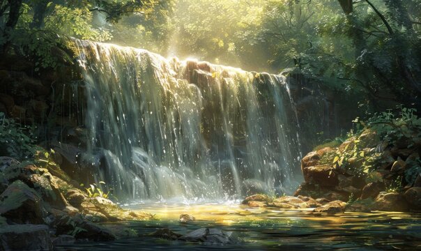 Sun shining on a waterfall