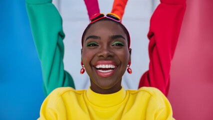 Wall Mural - A woman with a smile on her face and colorful clothes, AI