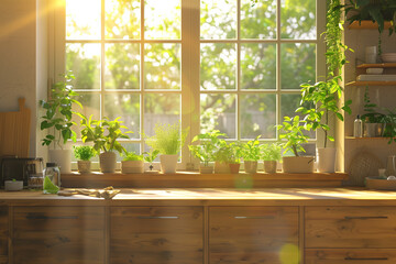 Wall Mural - A clean and tidy kitchen with illuminating white walls and green plants.