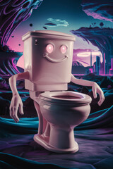 Wall Mural - A toilet with a face and glowing eyes in the middle of an alien landscape, AI