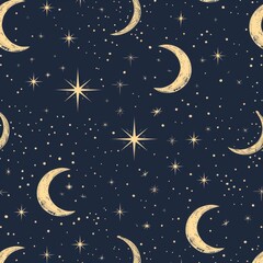 Wall Mural - elegant celestial pattern with gold crescent moons and stars on a dark blue background, creating a l