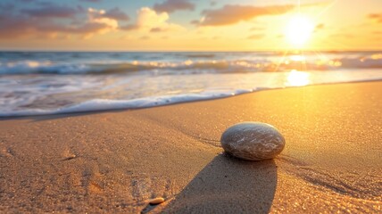 Wall Mural - Smooth pebble on serene sandy beach during sunset, with waves in background