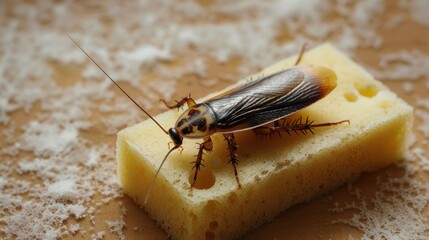 Wall Mural - A cockroach on a kitchen sponge, showcasing the pest's presence in common household items and the need for regular cleaning