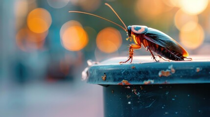 Wall Mural - A cockroach on a trash bin, emphasizing the importance of proper waste disposal and hygiene to prevent pest infestations