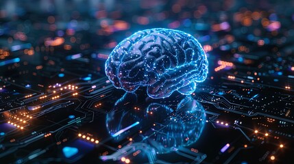 Wall Mural - A conceptual image of a glowing digital brain superimposed over a detailed circuit board representing AI and machine learning