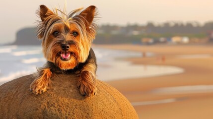 Canvas Print - A small dog sitting on top of a large rock at the beach, AI