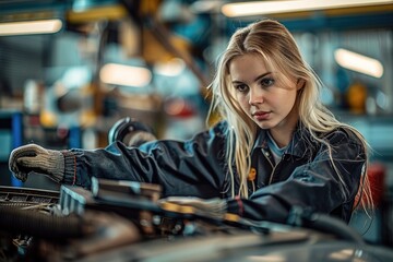 Wall Mural - A female mechanic with blonde hair, working under the hood of a silver car in a well-lit automotive workshop, wearing a black jumpsuit and protective gloves. Generative AI.