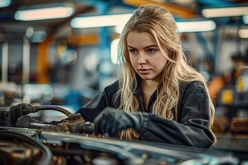 Poster - A female mechanic with blonde hair, working under the hood of a silver car in a well-lit automotive workshop, wearing a black jumpsuit and protective gloves. Generative AI.