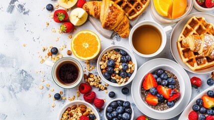 Variety of breakfast foods including granola coffee croissant waffles orange and berries