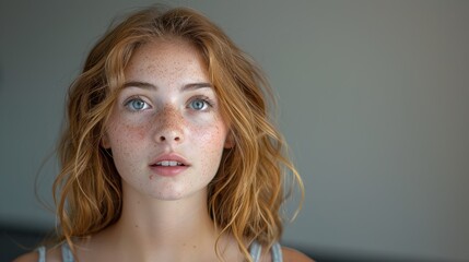 A close-up portrait of a young woman with light auburn hair, blue eyes, and freckles on her face, looking into the camera with a neutral expression in a softly lit, plain background