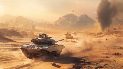 A tank is driving through a desert with a lot of dust