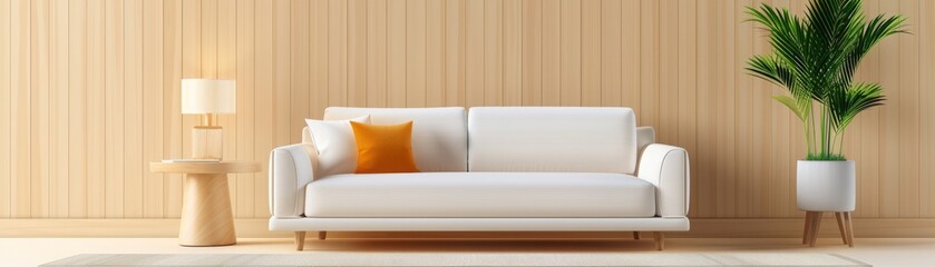 White sofa with orange pillow in a minimalist living room.