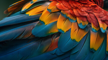 Wall Mural - Close up of Scarlet macaw bird's feathers, exotic nature background and texture.