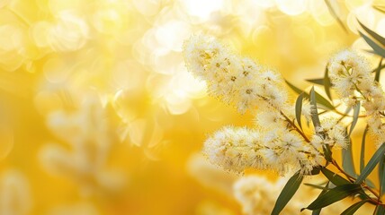 Wall Mural - Close-up of yellow wattle flowers against sunlit bokeh background