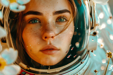 Jeune femme avec un casque de cosmonaute parmi les fleurs