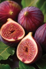 Wall Mural - A close-up image showcasing fresh, ripe figs with one cut open to reveal the intricate patterns of the seeds and vibrant colors, set against a background of green fig leaves