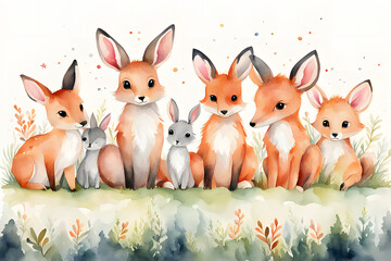 Wall Mural - a group of baby animals, such as a bunny, fox, and deer, arranged along the bottom edge, with the rest of the background left light and open for copy