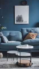 Wall Mural - Blue sofa and shelf on blue wall Scandinavian interior design of modern living room