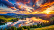 © Alon - a colorful sunset over a lake surrounded by rolling hills and mountains