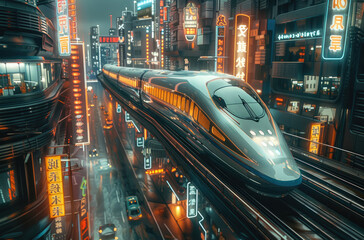 Wall Mural - A high-speed train passing through the streets at a 30 degree angle, surrounded by skyscrapers. an atmosphere of advanced technology and urban life. Generative AI.