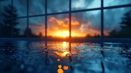 Wall Mural - Sunset reflection on a water surface viewed through a window with raindrops on the glass, captivating the colorful sky and tranquil atmosphere