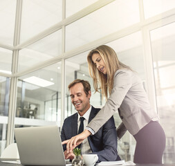 Aufkleber - Laptop, business people and mentor coaching, help or training for team project in office. Internship, computer and happy sales manager teaching man for learning about us or check work of new employee