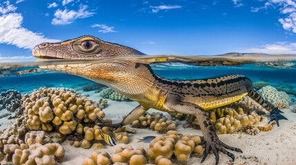 A lizard swimming over a coral reef with colorful fish, AI